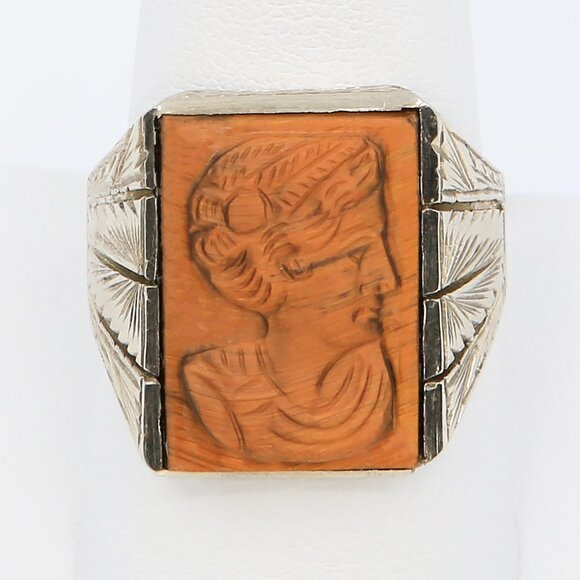 Antique Victorian 10K Gold Carved Tiger Eye Gemstone Cameo Ring 1900s Size 9.25